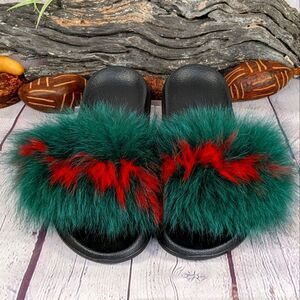 Green/Red Fluffy Fur Slides Slippers